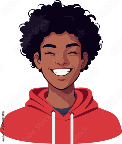 Smiling young man with afro hairstyle wearing red hoodie vector illustration 