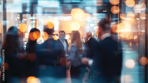 Blurred shot of business people at party or corporate event in office center	

