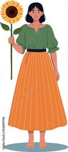 Woman holding sunflower with green blouse and orange skirt barefoot vector illustration 
