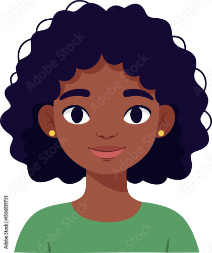 Young woman with curly black hair and green top smiling portrait vector illustration 