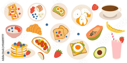 Hand drawn breakfast food illustrations. Coffee cup, poached eggs, avocado toast, croissant, pancakes, smoothie, bruschetta, waffles and cereal. Vector flat doodle illustration.