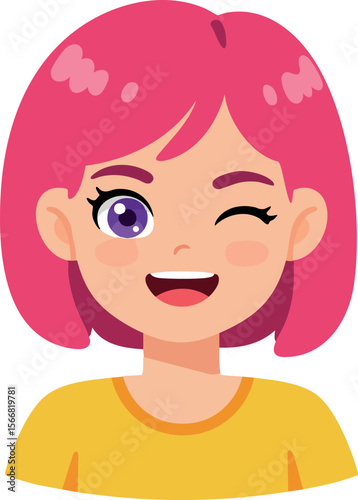 Young woman with pink hair winking and smiling in yellow shirt vector illustration 