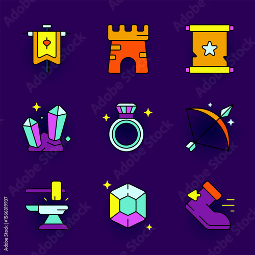 A vibrant RPG icon pack featuring banners, castle walls, magic scrolls, crystals, rings, archery items, crafting tools, and gems for fantasy game interfaces