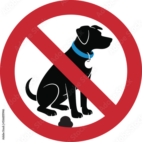 Dog and excrement, no dog pooping sign. Information red circular sign for dog owners. Shitting is not allowed. Vector illustration.
