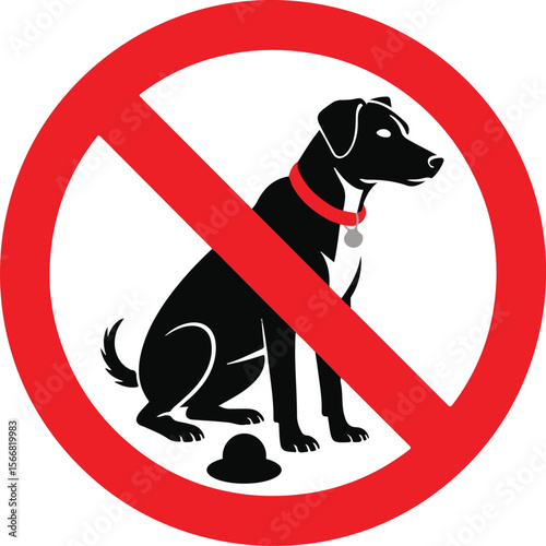 Dog and excrement, no dog pooping sign. Information red circular sign for dog owners. Shitting is not allowed. Vector illustration.