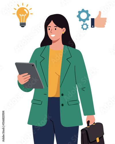 Businesswoman with tablet and briefcase in green blazer with creative idea icons