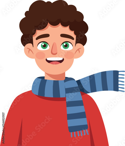 Young man wearing red sweater and blue striped scarf smiling vector illustration 