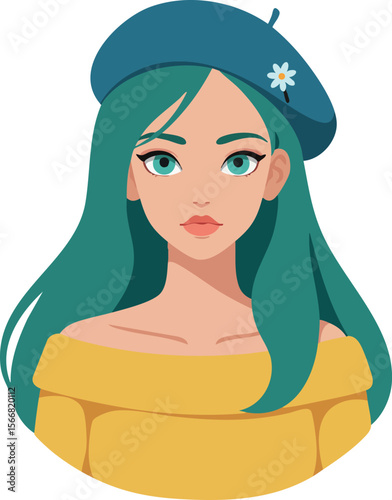 Young woman with teal hair wearing blue beret and yellow off shoulder top portrait illustration 