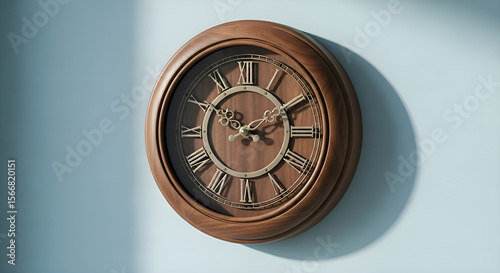 A decorative round wall clock with wooden frame, isolated on bright background