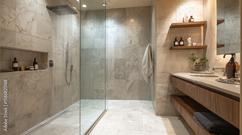 Modern spa-like bathroom with tiled walls and glass shower