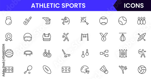 Sports vector web line icon collection sleek illustrations of balls, equipment, fitness, and athletic symbols for dynamic, active designs.