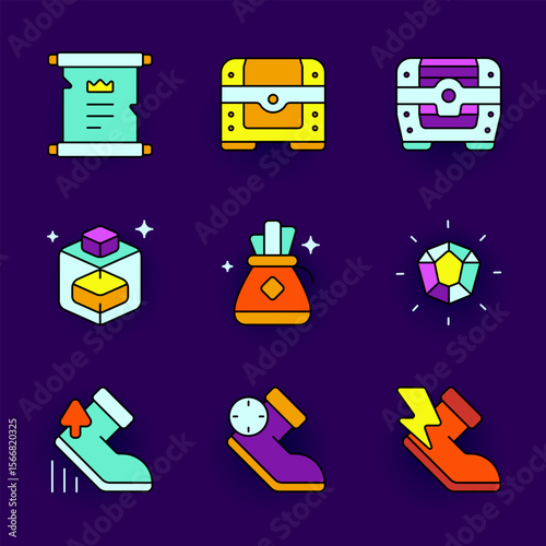 Colorful RPG icons featuring treasure chests, scrolls, gems, money bags, magic potions, and various speed boost shoes ideal for in game UI and inventory elements