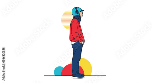 Young person wearing a red hoodie and blue baseball cap standing sideways against a white background with colorful circles