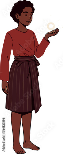 Woman Wearing Red Top and Striped Skirt Holding Light Sphere Vector Illustration 