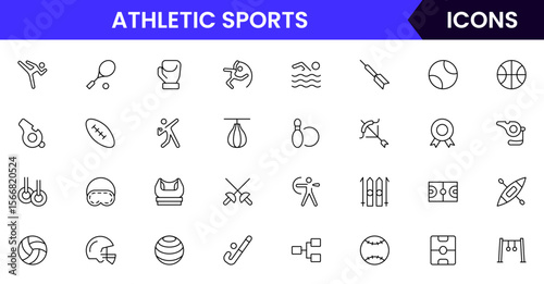 Sports vector web line icon collection sleek illustrations of balls, equipment, fitness, and athletic symbols for dynamic, active designs.