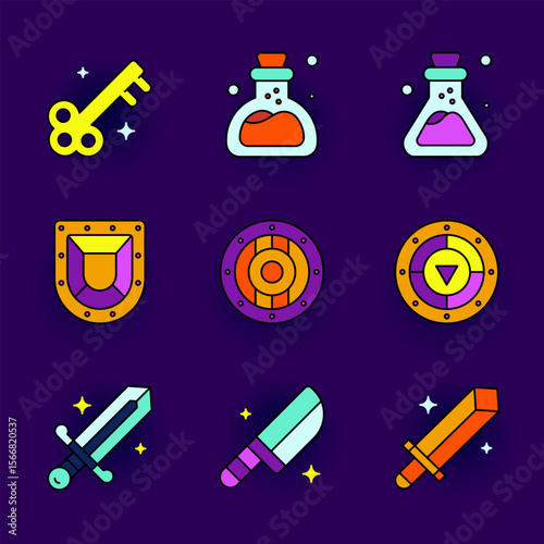 Icon collection featuring fantasy RPG items including swords, potions, keys, and shields. Ideal for adventure game UI, inventory systems, and mobile RPG interfaces