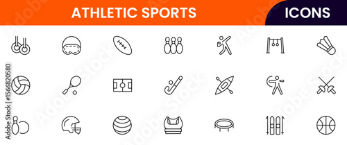 Sports vector web line icon collection sleek illustrations of balls, equipment, fitness, and athletic symbols for dynamic, active designs.