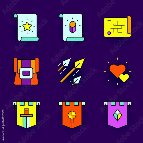 A colorful RPG icon set featuring Character Classes and Reward Icons, and Extra Life, Inventory and Skill Arrow for fantasy game interface