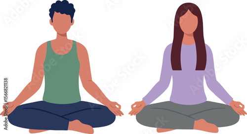 Two People Meditating in Lotus Pose for Relaxation and Mindfulness Practice Vector Illustration 