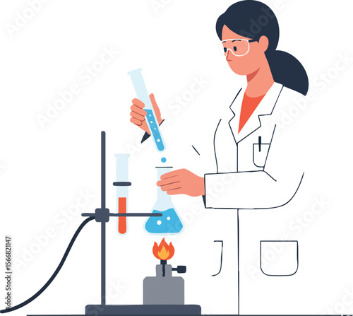 Female scientist conducting chemical experiment with test tubes and burner in laboratory vector illustration 