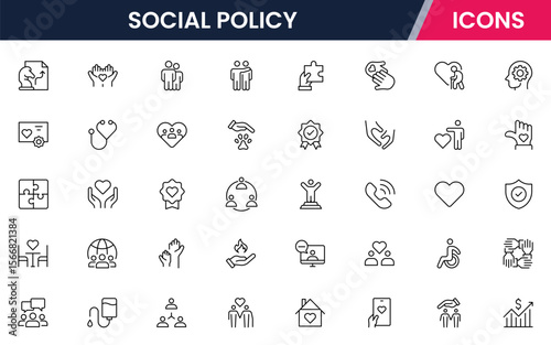 Social Policy vector web line icon collection, sleek illustrations of equality, justice, community, and awareness symbols for impactful designs.