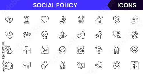 Social Policy vector web line icon collection, sleek illustrations of equality, justice, community, and awareness symbols for impactful designs.