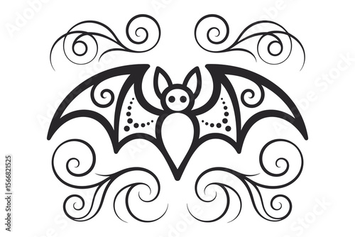 
Halloween Bat ornate swirling decorative elements, fancy curls line with bat Calligraphy filigree Ornament scroll, holiday menu Wedding card design element
