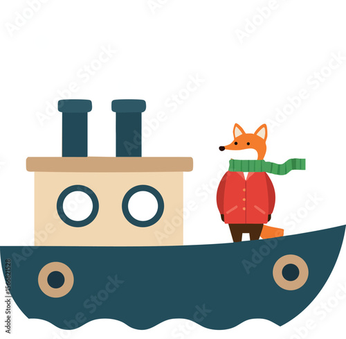 Fox wearing scarf on blue and beige boat vector illustration in simple style 