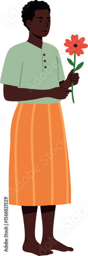 Person holding red flower standing barefoot in orange skirt and green shirt vector illustration 