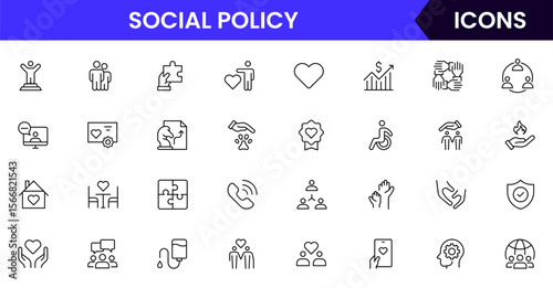 Social Policy vector web line icon collection, sleek illustrations of equality, justice, community, and awareness symbols for impactful designs.