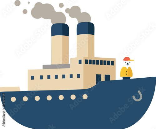 Steamship with chimneys and captain in flat vector style transport illustration