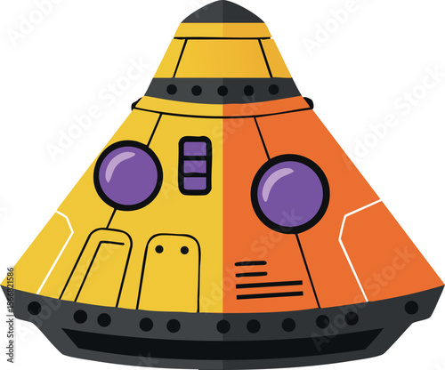 Space capsule spacecraft vector illustration with yellow and orange colors in flat design 