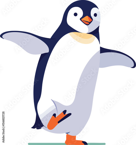 Penguin balancing on one foot with wings outstretched in simple vector illustration 