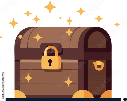 Treasure chest with golden lock and sparkling stars vector illustration 