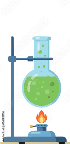 Laboratory glassware with green chemical solution heated by burner vector illustration