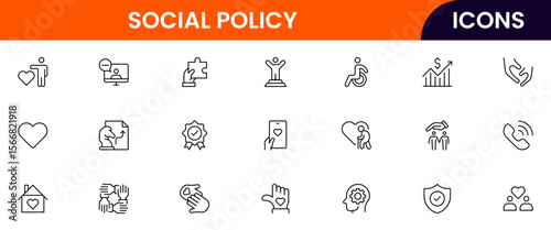 Social Policy vector web line icon collection, sleek illustrations of equality, justice, community, and awareness symbols for impactful designs.