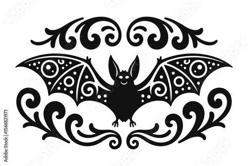 
Halloween Bat ornate swirling decorative elements, fancy curls line with bat Calligraphy filigree Ornament scroll, holiday menu Wedding card design element
