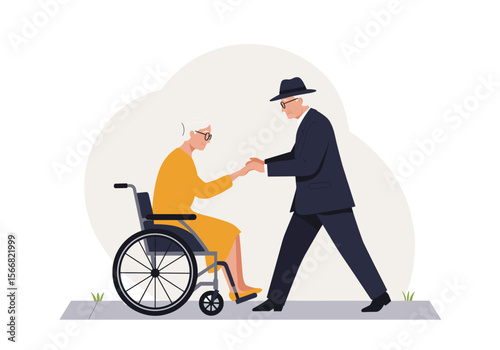 Elderly woman in wheelchair holding hands with a man in suit  