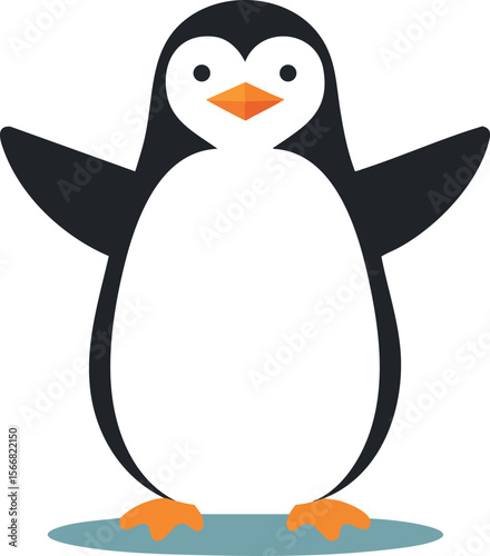 Cute cartoon penguin vector illustration with orange beak and feet on blue shadow surface 