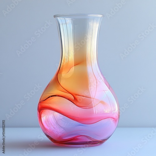 Beautiful handcrafted glass vase with vibrant swirling colors on a serene background