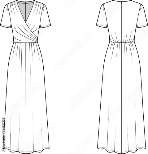 Wrap-style dress sketch, short sleeves, V-neck bodice, fitted waist, ankle-length flowy skirt, fashion drawing, front and back view, garment template