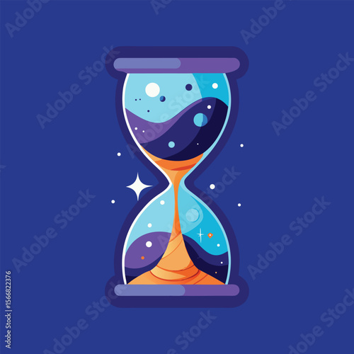 Mystical hourglass with galaxy, stars, cosmic space inside, timeless concept, celestial design, universe illustration, fantasy, cosmic flow