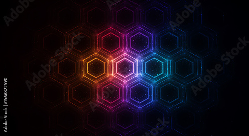 Futuristic glowing hexagon pattern with neon lights in rainbow colours on dark background — digital tech abstract for sci-fi and cyber themes