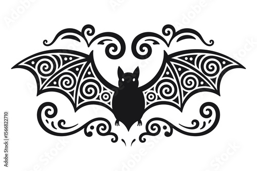 
Halloween Bat ornate swirling decorative elements, fancy curls line with bat Calligraphy filigree Ornament scroll, holiday menu Wedding card design element
