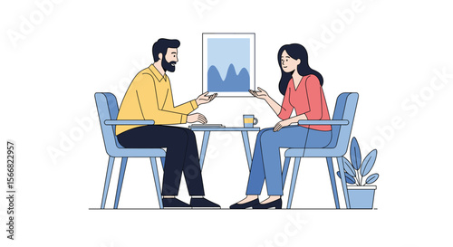 Two people sitting at a table discussing a chart on a wall in an office environment a coffee cup is on the table