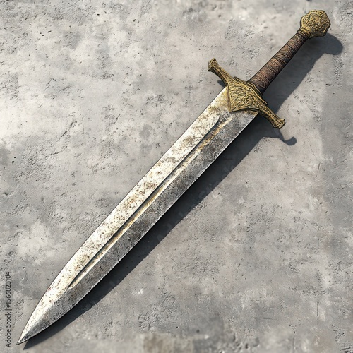 Ancient sword rests on weathered stone surface under soft ambient light