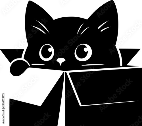 Curious cat peeking out of box, fun black vector silhouette, cute pose
