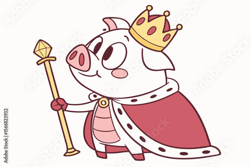 Vector cute Pig cartoon character, dressed as a kingqueen, wearing a crown and robe, regal and proud expression, royal scepter, isolated on white background