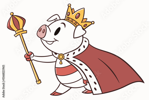 Vector cute Pig cartoon character, dressed as a kingqueen, wearing a crown and robe, regal and proud expression, royal scepter, isolated on white background