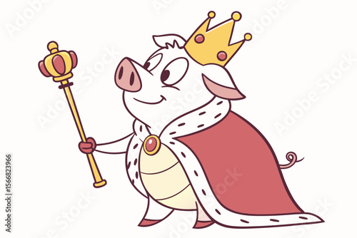 Vector cute Pig cartoon character, dressed as a kingqueen, wearing a crown and robe, regal and proud expression, royal scepter, isolated on white background